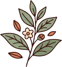An editorial illustration of a tea branch with leaves and flowers